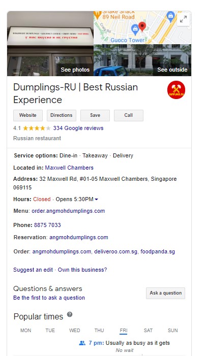 Populating your online profile - Google My Business -Dumplings-RU Best Russian Experience example