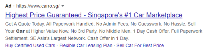 Screenshot highlighting copywriting in a Google Ad from the Carro platform