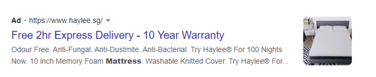 Screenshot highlighting copywriting in a Google Ad from Mattress Brand Haylee