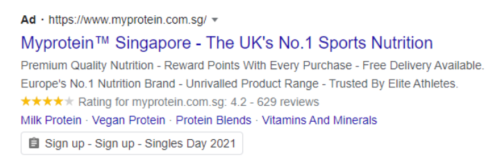 Screenshot highlighting copywriting in a Google Ad from Myprotein