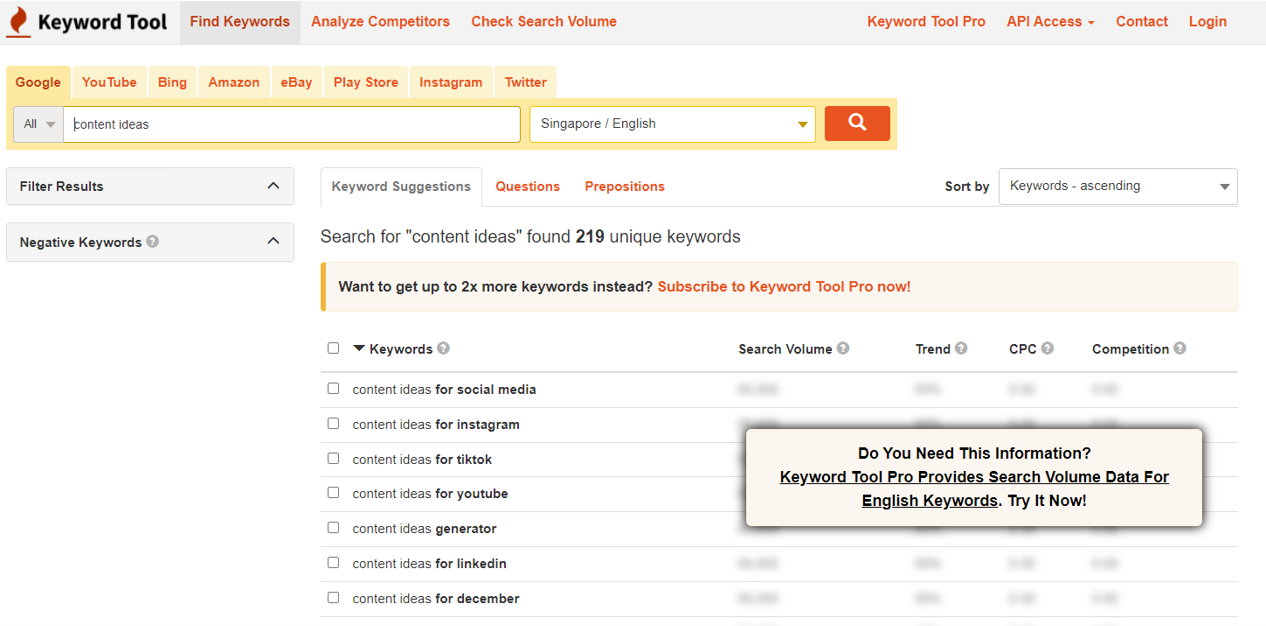 A screenshot of KeywordTool.io’s SERP for “content ideas” as a keyword