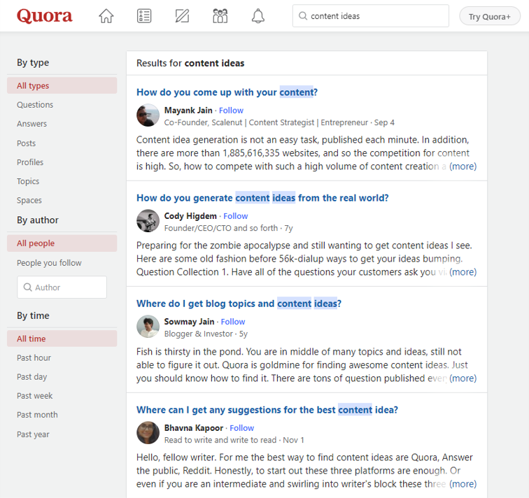 A screenshot of Quora’s SERP for “content ideas”