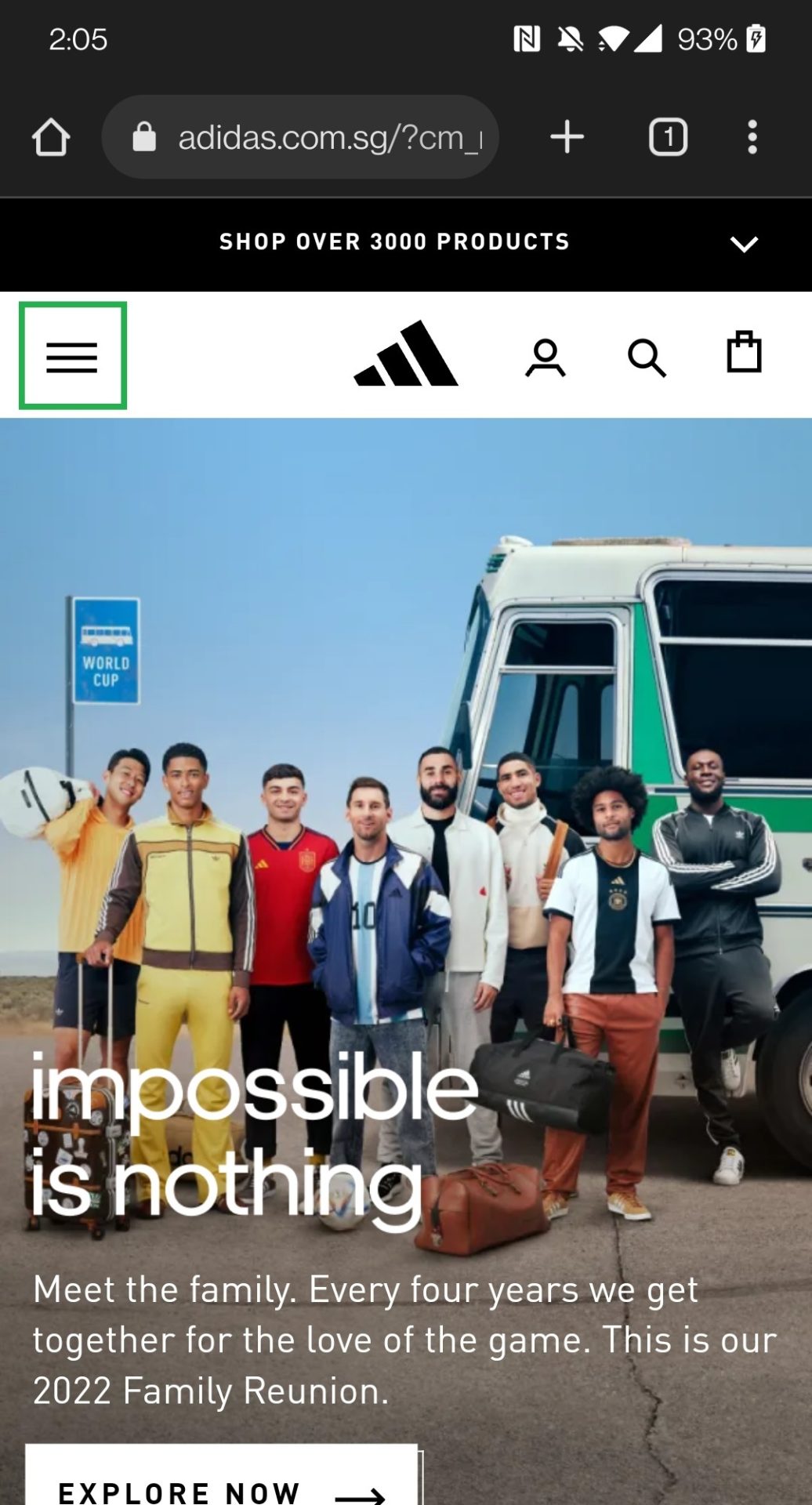 screenshot of Adidas Singapore mobile page with hamburger icon highlighted in a green box